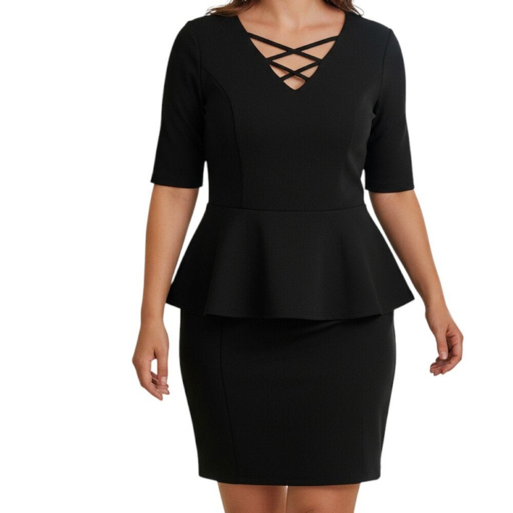 CHARLOTTE RUSSE Black V Neck Short Sleeve Criss Cross Pull On Dress - size 1X